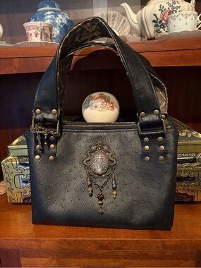 Gothic Baroque Black Embossed Top-Handle Bag with Ornate Pendant Accent